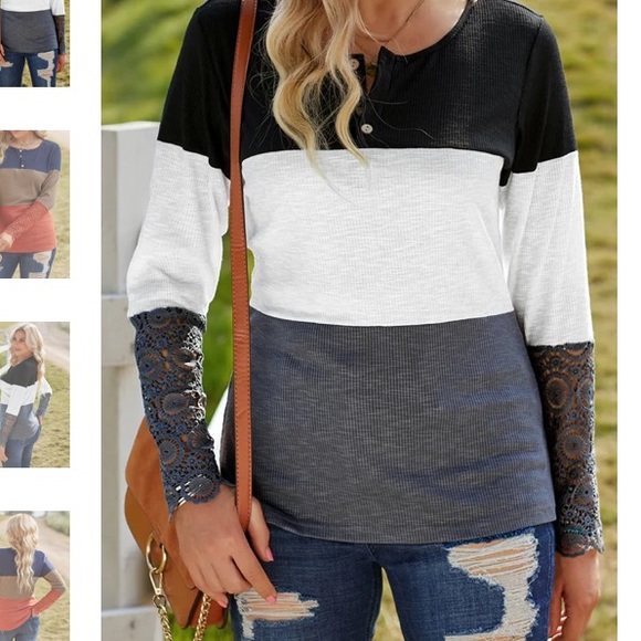 COLOR BLOCK SPLICED LACE SLEEVE RIBBED TOP size XXL - Picture 2 of 6
